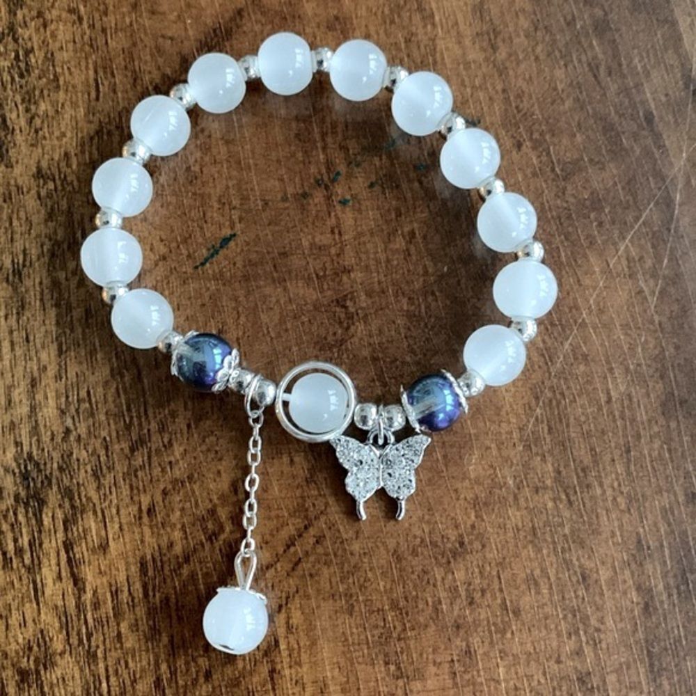 Milky White & Purple Beaded Bracelet with Butterfly Charm for Teens